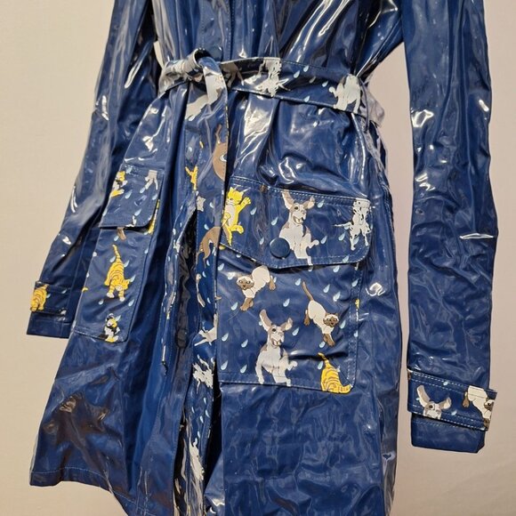 dll Rainwear Cats Dogs Jacket Blue Hooded Pockets Belt Womens Size 14 Snap - Picture 2 of 13